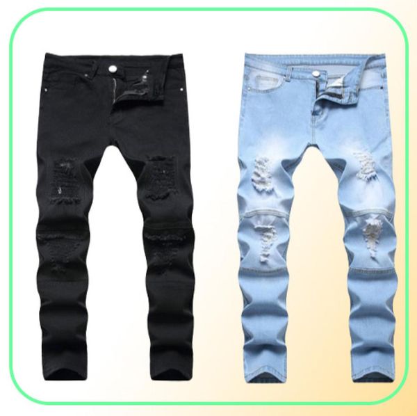 Men039s artı boyutu pantolon kot pantolon beyaz orta yüksek bel streç denim erkekler için sıska yırtık