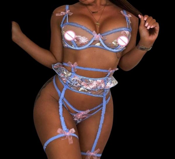 3 peças conjunto de lingerie feminina ver através de renda bowknot roupa interior langerie transparente cor azul traje exótico femme sob o uso s098389899