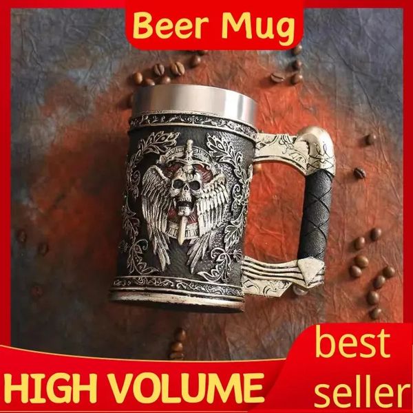 600MLMedieval Angel of Death Tazza creativa personalizzata Arge Capacità Acciaio inossidabile 304 Bicchiere da birra in resina ad alto valore di colore 231228