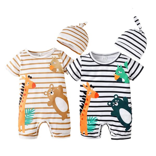 3 24 mesi di nascita Baby Boy Girl simpatico modello animale pagliaccetto con cappello a righe manica corta tuta 2 pezzi completo di abbigliamento 231228