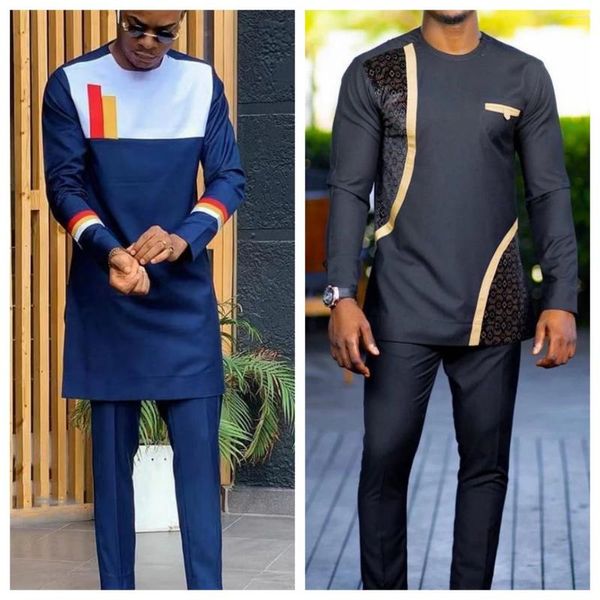 Fatos masculinos clássico de 2 peças terno calças jaqueta t-shirt cor sólida manga comprida férias casamento roupas étnicas africanas