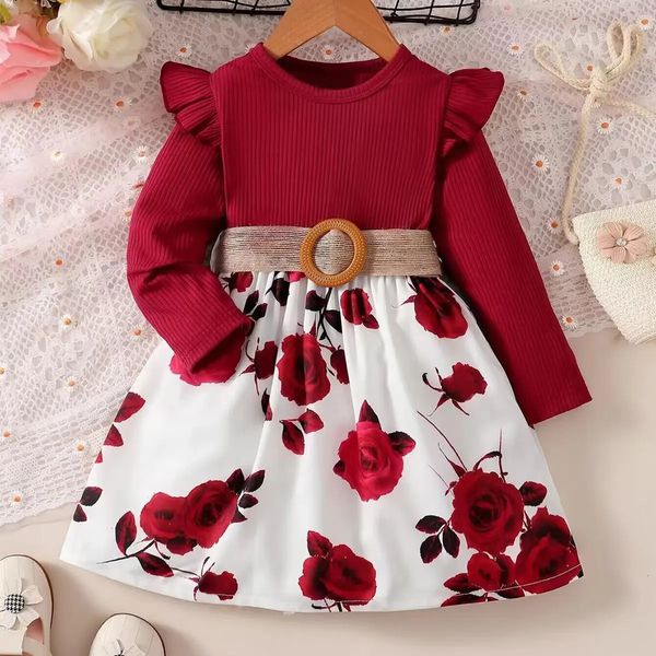 Детское платье для девочек от 1 до 7 лет, красная юбка с цветочным принтом и длинными рукавами для дня рождения, свадебной вечеринки, модные осенние наряды 231228