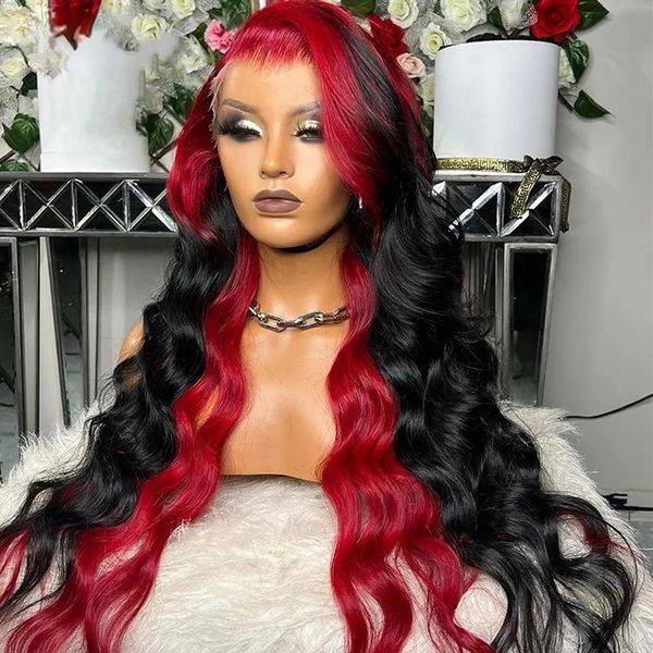 Perücken 34 Zoll Perivian HD Lace Front Perücke Rot Ombre Schwarz Körperwelle Lace Frontal Perücke Farbige Highlight Perücke Synthetik vorgezupft