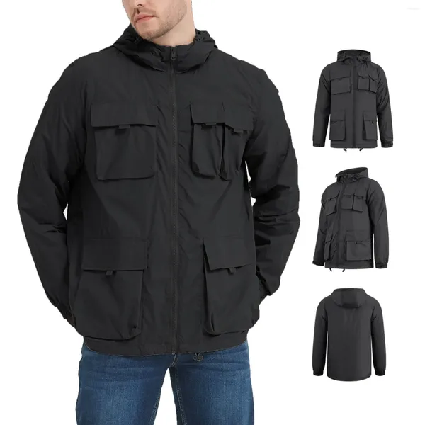 Jaquetas masculinas cor sólida com capuz multi bolso à prova de vento ao ar livre caminhadas jaqueta leve respirável casaco de trabalho para homens riscas