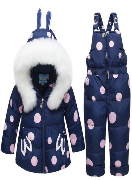 Kinder Baby Mädchen Kaninchen Ohr Fell Kapuze Mantel Ski Schnee Anzug Jacke Trägerhose Overalls Gepunktete Unten Kleidung LJ2011262757780