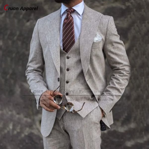 Clássico cinza linho terno conjunto para homens atividades formais negócios blazer colete calças roupas festa de casamento noivos trajes elegantes 231228