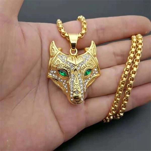 Männer 14 k Gelbgold Wikinger Wolf Kopf Anhänger Halskette mit Kette Iced Out Gold Farbe Tier nordischen Talisman ethnischen Schmuck