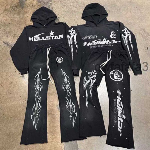 Rock Hip Hop Street Hellstar Hoodies Set Washed Flame Letter Print Kapuzenpullover Männer Frauen Übergroße Hell Star Sweatshirts T230806 ZGR2