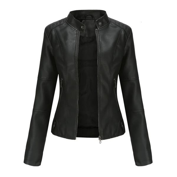 Jaqueta de couro falso feminino outono primavera moto biker zíper jaqueta vermelho preto casaco outerwear marrom xs roxo marinho 231228