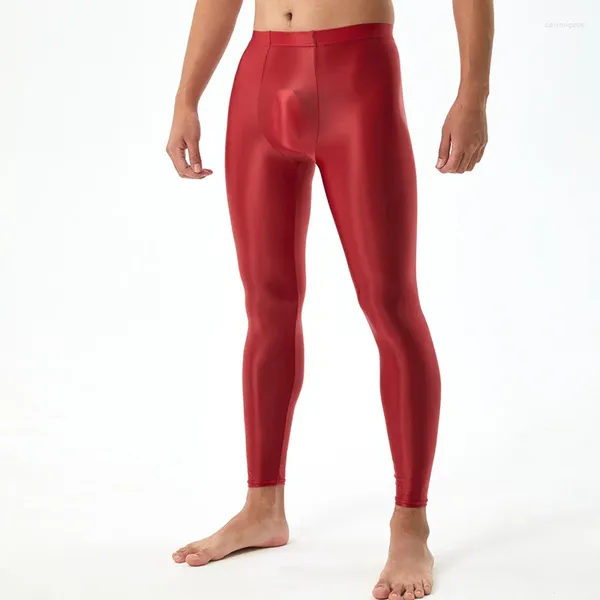 Pantaloni da uomo Leggings skinny lucidi Solido raso elastico Yoga Maschile a vita alta traspirante Corsa Fitness Sport Pantaloni lunghi slim