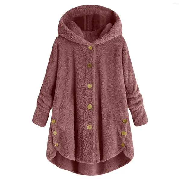 Damen Jacken Hoodies Frauen Plus Size Button Plüsch Tops Mit Kapuze Lose Wollmantel Winterjacke Warm Halten Taschen Sweatshirts