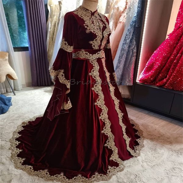 Vestido de casamento marroquino tradicional borgonha com apliques de ouro veludo muçulmano árabe dubai vestidos de noiva manga comprida vestido de noiva indiano abaya 2024 robe de mariage