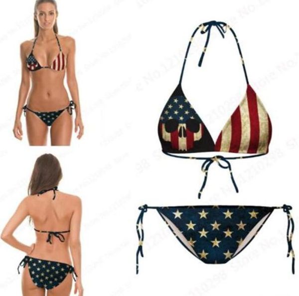 2020 Винтажный комплект бикини Флаг США в полоску со звездой облегающий американский флаг пляжное бикини из двух частей бинты Ретро купальные костюмы с принтом Chea8106585