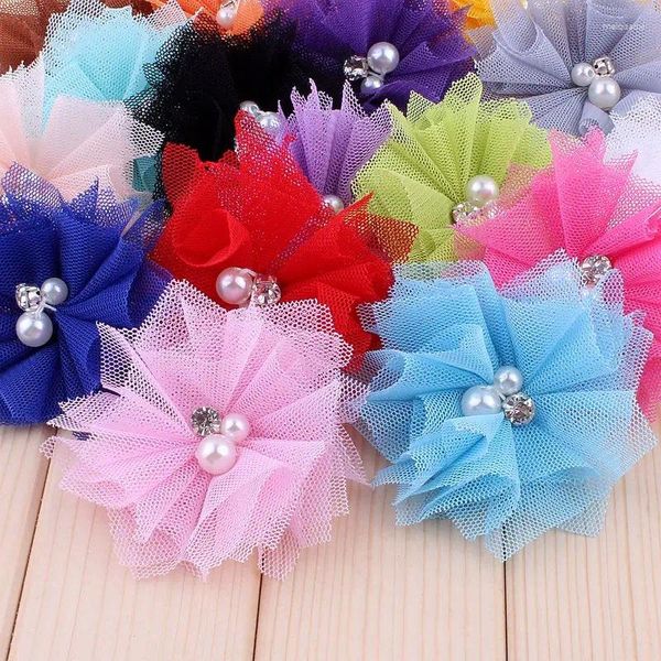 Flores decorativas 10 peças 6.5cm chiffon renda guarnição remendo aplique tecido de malha vestido de casamento faça você mesmo véu de cabelo de noiva roupas decoração de chapéu