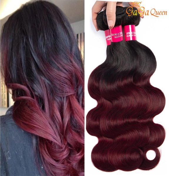 Gagaqueen brasileiro ombre 1b 99j onda do corpo cabelo 3 pacotes borgonha extensões de cabelo 1b 99j cabelo humano tecer2200515