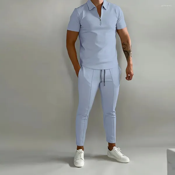 Erkeklerin izleri Sky Mavisi Spor Takımları Erkekler için Kısa kollu polo gündelik gömlek pantolonları şık 2 parçalı giyim