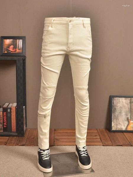 Jeans da uomo 2024 Pantaloni skinny Pu Shuai da motociclista casual alla moda con cuciture lavate retrò elasticizzate