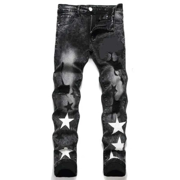 Calças Amirriis Mens Designer Jeans Mens Jeans Street Marca Bordado Preto Encaixe Slim Jeans Roxo para Homens com Estrelas Designer Alto Jeans Rasgados Mens Designer C1