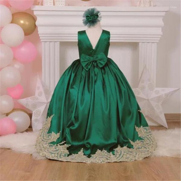 Mädchenkleider Smaragdgrünes Christine-Kleid mit großer Schleife, Spitzenkante, O-Ausschnitt, Blume für Hochzeit, Kinderfestzug, Geburtstag, Party, Größe 1–16 Jahre