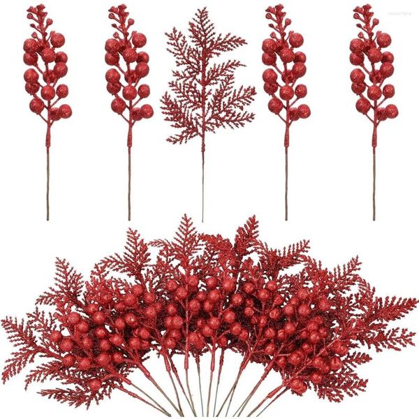 Flores decorativas 5 pçs decoração de natal artificial glitter berry árvore ornamentos para decoração de casa ano 2023 fontes de festa