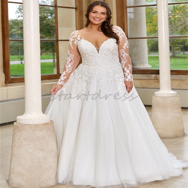 Красивое свадебное платье больших размеров с кружевом Элегантное кружевное свадебное платье с V-образным вырезом и длинными рукавами в саду в стиле кантри Vestios Novias Корсетное платье невесты 2024 Robe De Mariee