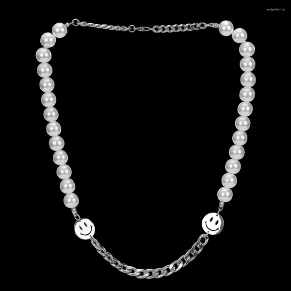 Correntes Kpop Sorriso Pérola Metal Corrente Gargantilha Colar Homens Mulheres Punk Hip Hop Pescoço Clavícula Coreana Moda Collier Collares