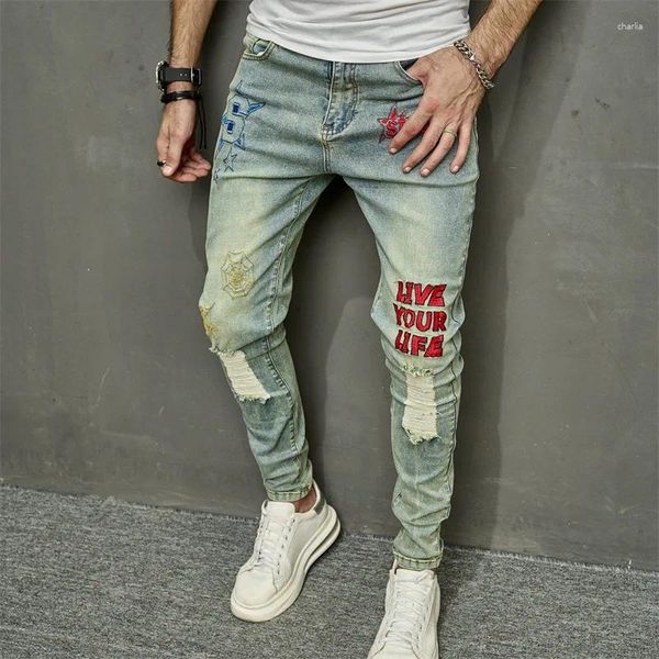 Jeans masculinos bordados homens algodão elástico rasgado magro de alta qualidade hip hop magro casual ajuste lápis oversize calças jeans