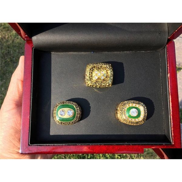 Anéis de cluster 3pcs Miami 1972 1973 1984 Dolphin s American Football Team Champions Championship Ring Set com caixa de madeira lembrança homens Dhnu5