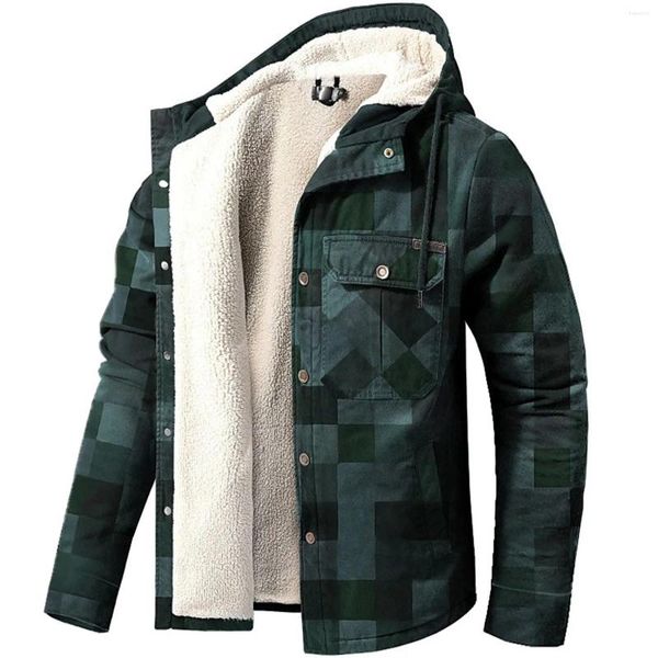 Jaquetas masculinas botão para baixo masculino com capuz manga longa inverno casacos com capuz masculino velo forrado flanela xadrez camisas jaqueta bolsos