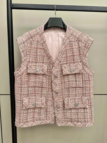 Débardeurs pour femmes 2023 Automne / Hiver Rose Multi Poche Diamant Bouton Col V Tweed Gilet Lâche Femmes Débardeur