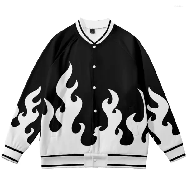 Jaquetas masculinas chama impressão harajuku uniforme de beisebol casual homens mulheres jaqueta streetwear menino meninas casacos