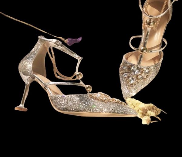2020 модный золотой серебряный серебряный дизайнер с блестками для женской свадебные обувь высокие каблуки 85см 6 см. Заостенные пальцы насосы свадебные туфли 7289658