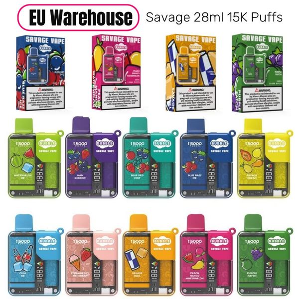 UE Stock Savage Bubble 15000 Puff 28ml cigarro descartável 10 sabor China Factory Vapes Child Lock Screen Display 650mAh Bateria recarregável Bobina de malha 12000 14K