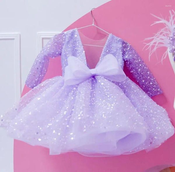 Vestidos de menina luxo glitter lantejoulas mangas compridas vestido flor infantil tutu primeiro aniversário criança tamanho 1-14t