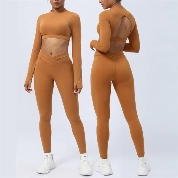 Conjuntos ativos ginásio esportes conjunto feminino yoga treino outfit 2 peças correndo terno de fitness cintura alta leggings mangas compridas topo com polegar jack