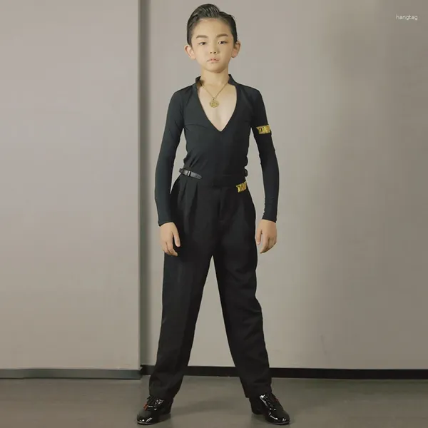 Сценическая одежда, модная одежда для бальных танцев для мальчиков, черный латинский топ, современные танцевальные брюки, детские тренировочные костюмы для выступлений, SL9581