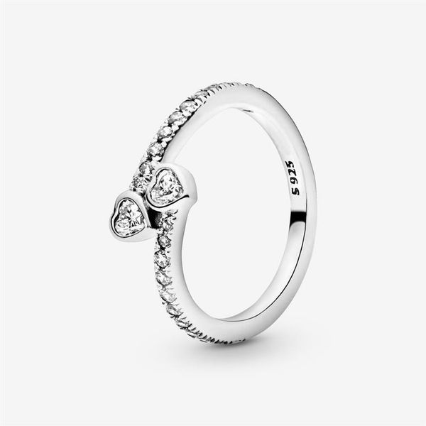 Nova chegada 925 prata esterlina dois corações brilhantes anel para mulheres anéis de casamento moda jóias 2721