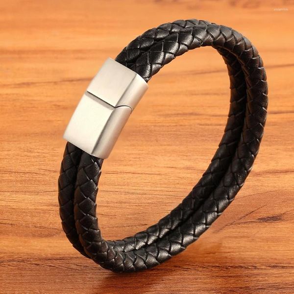 Charm-Armbänder XQNI 11.11 Doppelte Lederkombination Herren-Edelstahlarmband DREI Farbknopfauswahl Modegeschenk für Männer