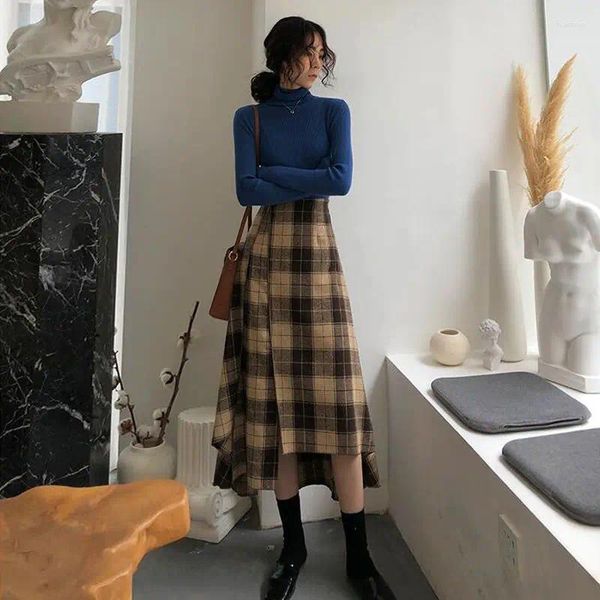 Saias Retro Midi Saia Xadrez Lã Outono Inverno Mulheres Sexy Vintage Estilo Coreano Roupas Japão Roupas Elegantes Harajuku Meninas