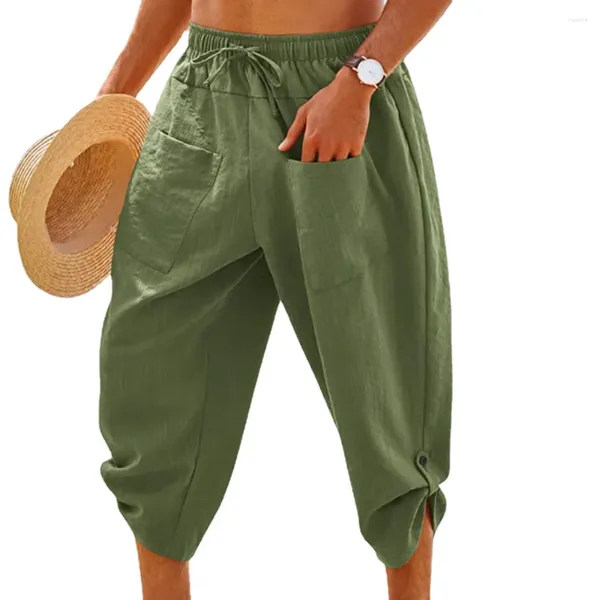 Herrenhose, Herren-Harem, Vintage-Stil, Baumwolle und Leinen, kurze elastische Taille, weites Bein, lässig, solide, lockere Shorts