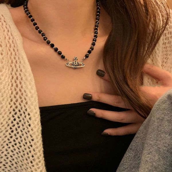 Viviennelely Westwoodly Dark Black Gürtel Voller Diamant Schwarzer Kristall Saturn Halskette Frauen Design Sinn für Schlüsselbeinkette