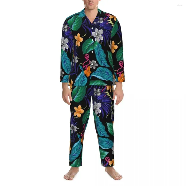 Herren-Nachtwäsche, Pyjama mit tropischem Blumendruck, für Männer, Neon Tropicana, schönes Schlafzimmer, Herbst, 2 Stück, lockeres, übergroßes Muster, Pyjama-Set