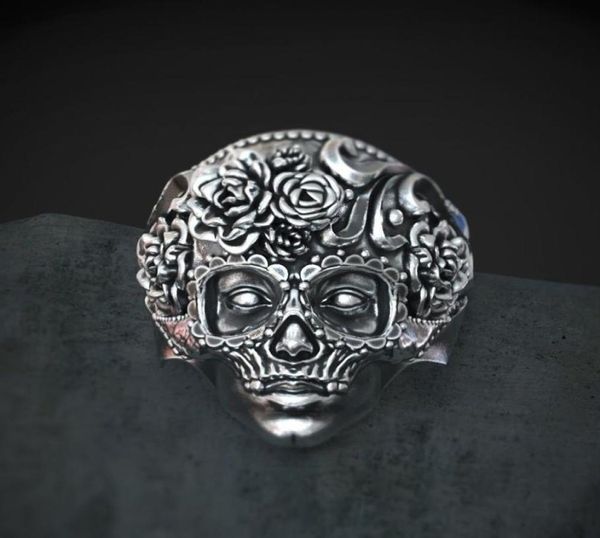 Einzigartiger schwerer Zuckerschädel-Ring aus 316L-Edelstahl für Herren, Mandala-Blume, Santa Muerte, Biker-Schmuck, Größe 7, 143239479