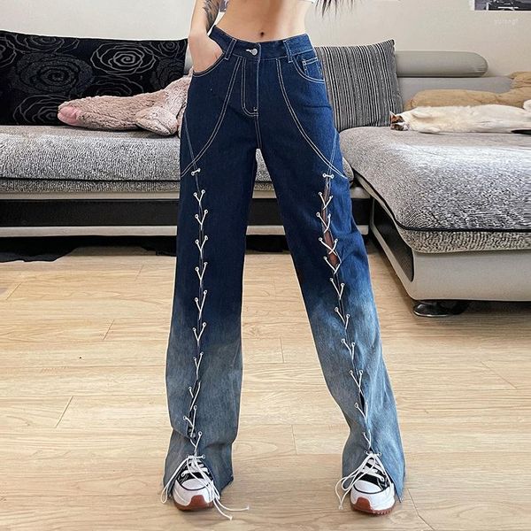 Calça jeans feminina gradiente cintura baixa corte reto recorte cintura reta