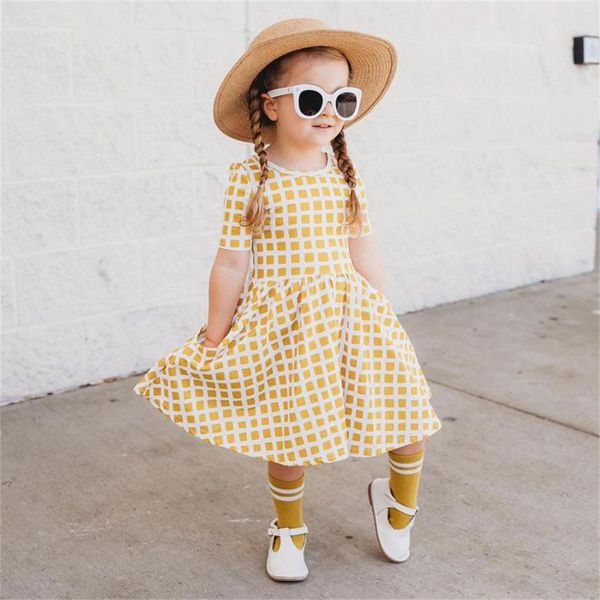 Vestidos para meninas de 1 a 7 anos, moda infantil, manga curta, vestido de verão, casual, bolsos de festa, vestido de verão xadrez