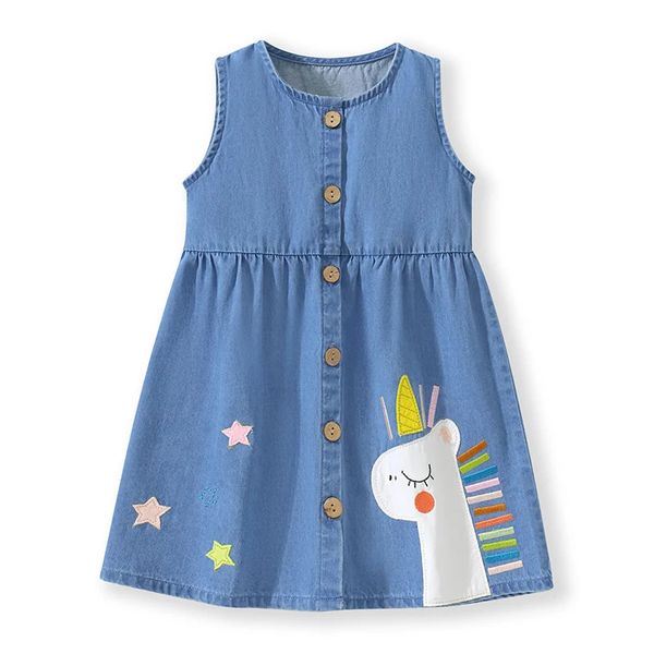 Küçük maven kızlar denim kolsuz elbise unicorn aplikeler çocuk giyim yaz çocuklar için giysi elbiseler 231228