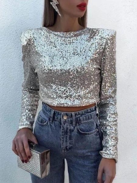 Magliette da donna Moda T-shirt con paillettes sexy 2024 Abbigliamento donna O-Collo Manica lunga Crop Top Night Club Streetwear Donna Slim Short Tee