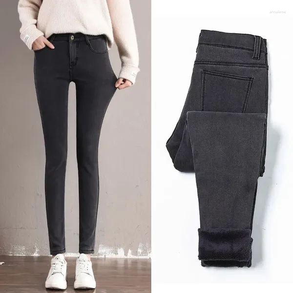 Kadın Kot Kış Kış Kadın Kadife Kalın Yüksek Bel Elastik Tam Uzunlukta Kadın Fermuar Sıska Denim Kalem Pantolon Siyah Mavi Gri