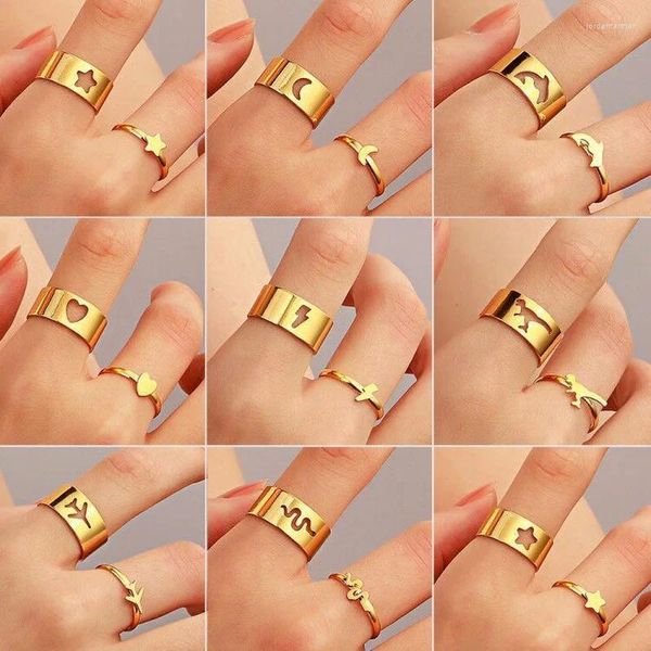 Cluster Ringe Gold Farbe Einfacher Trend Lustige Liebe Herz Stern Mond Ring Hip Hop Hohl Design Für Mann Paar Party Geschenke Schmuck