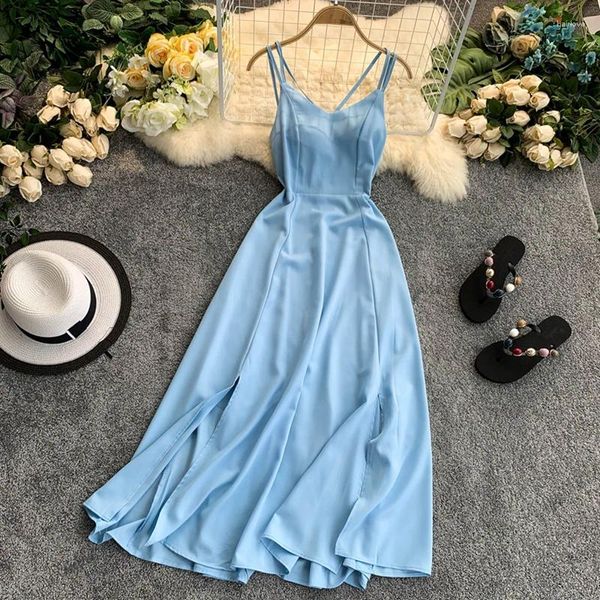 Damen-Bademode, sexy Damen-Kleid mit V-Ausschnitt, Spaghettiträger, Sommer, offener Rücken, geteilt, schlank, lang, lässig, Strandurlaub